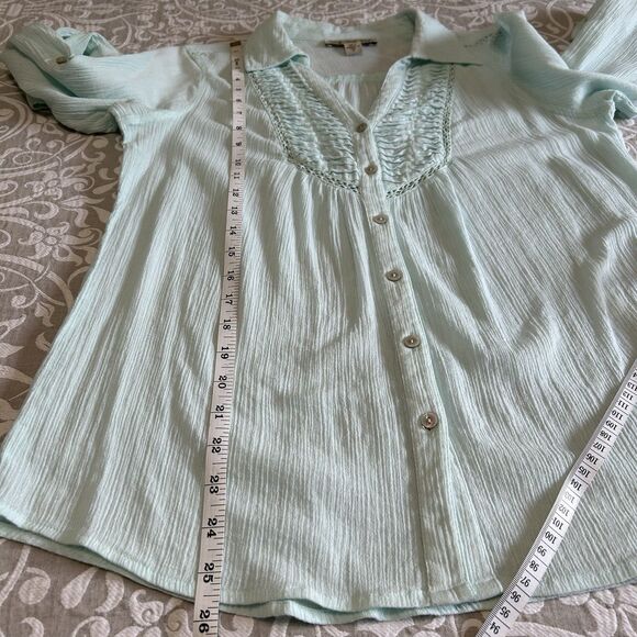Vintage America Blouse Women S Mint Green Crinkle Pleat Lace Roll Tab Button Up - Picture 5 of 12
